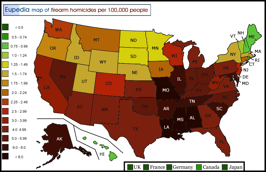 Map of gun homicide rates in the U.S. by state