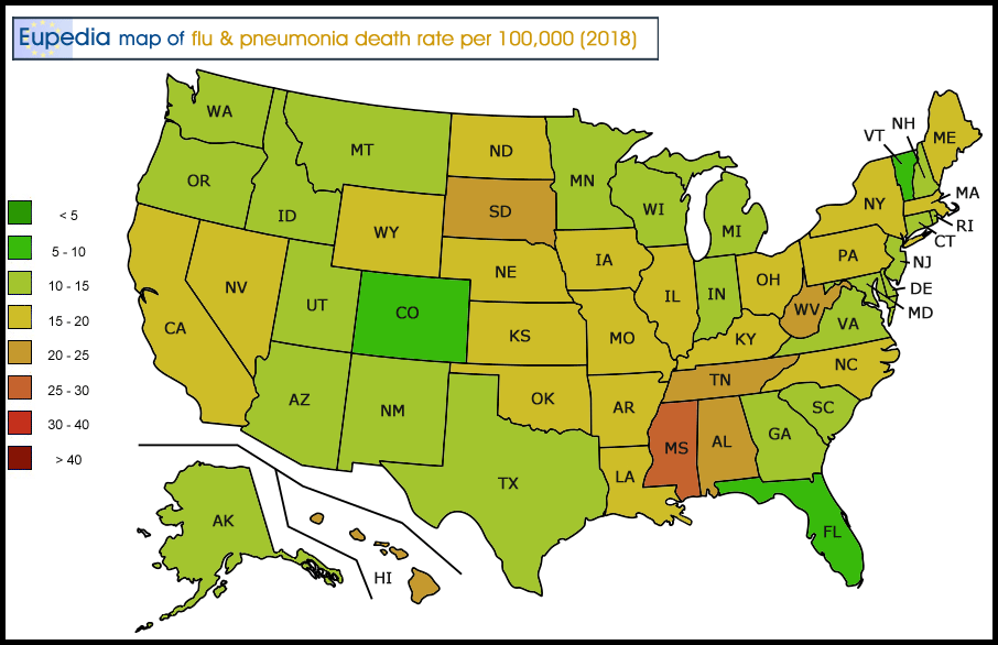 Map of Influenza & Pneumonia death rate per 100,000 people by US States