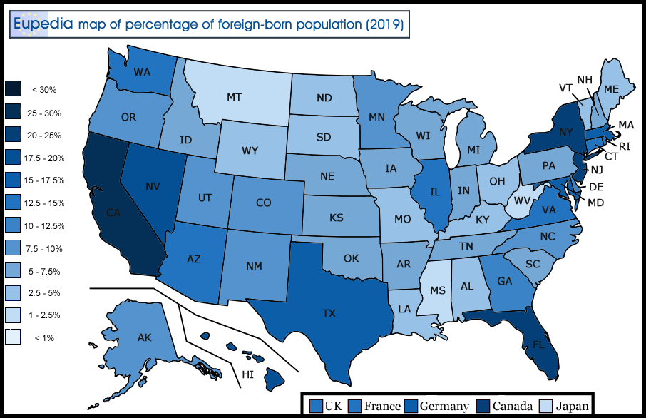 Map of percentage of foreign-born population in the USA by state