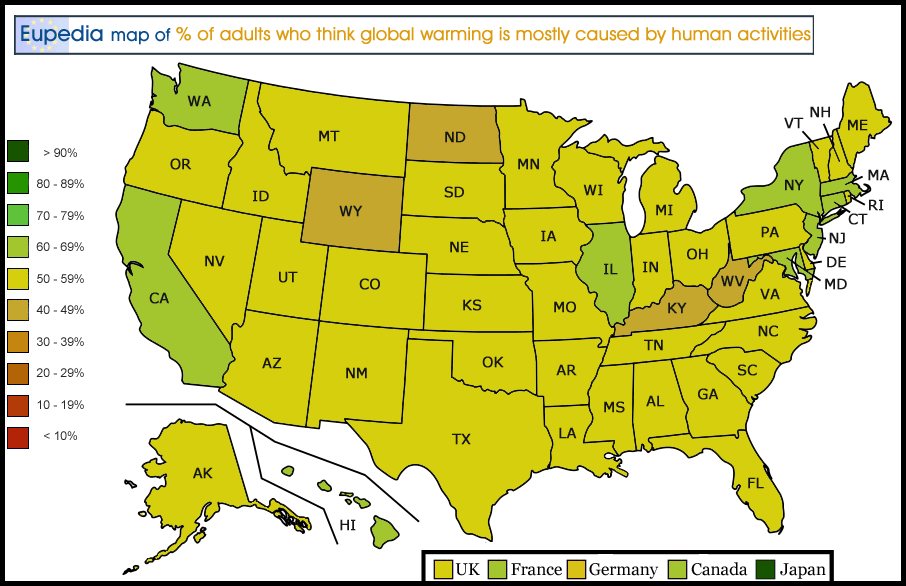 Map showing the percentage of adults who think global warming is mostly caused by human activities in the USA by state