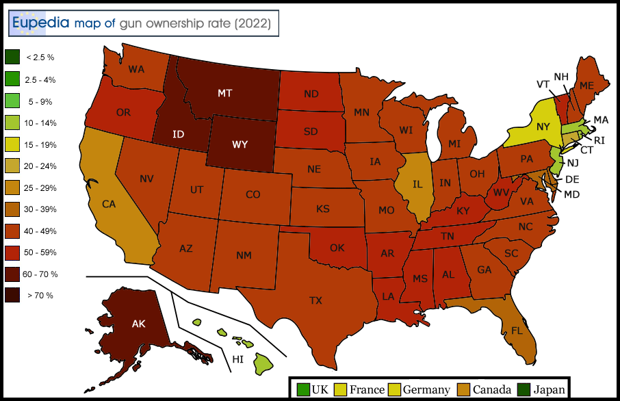 Map gun ownership rates in the USA by state