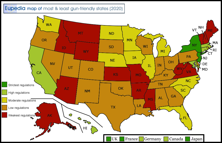 Map showing the most & least gun-friendly U.S. states based on current legislation