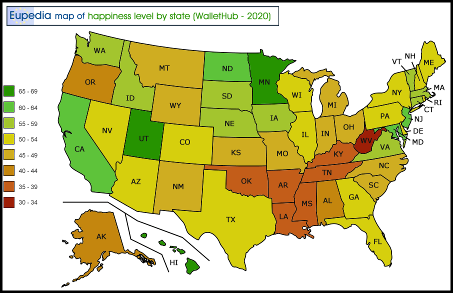 Map showing the ranking of the happiest U.S. states based on a 2020 WalletHub report
