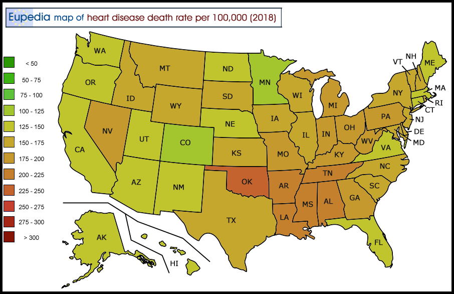 Map of cardiovascular disease death rate per 100,000 people by US States
