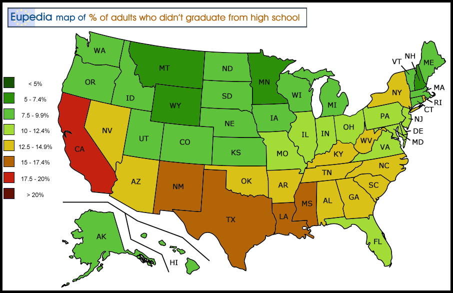 Map showing the percentage of adults aged 25 and over who did not complete high school in the USA by state