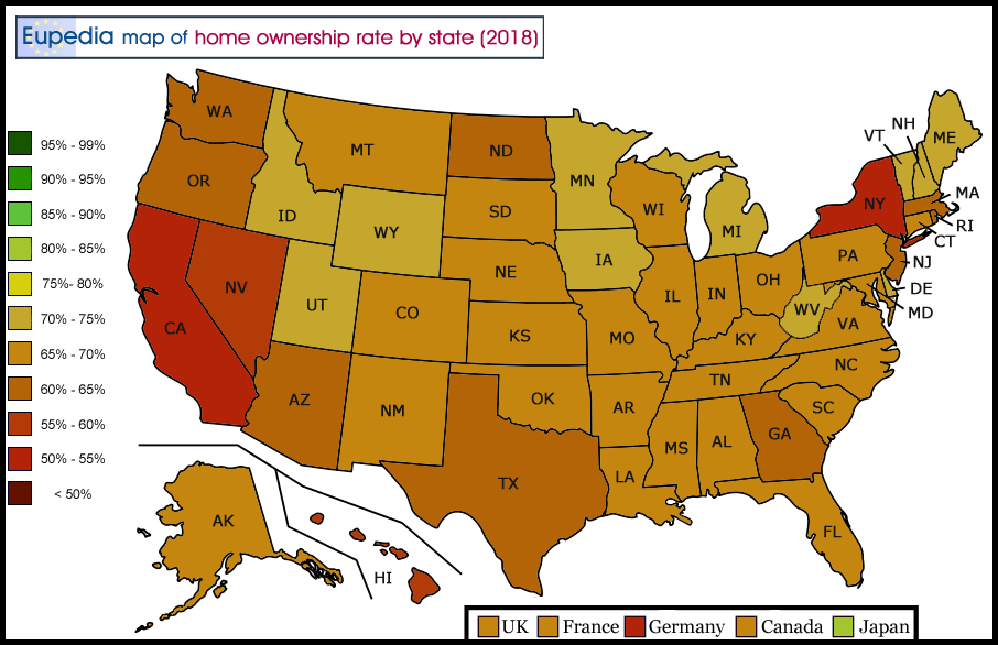 Map of home ownership rate in the USA by state