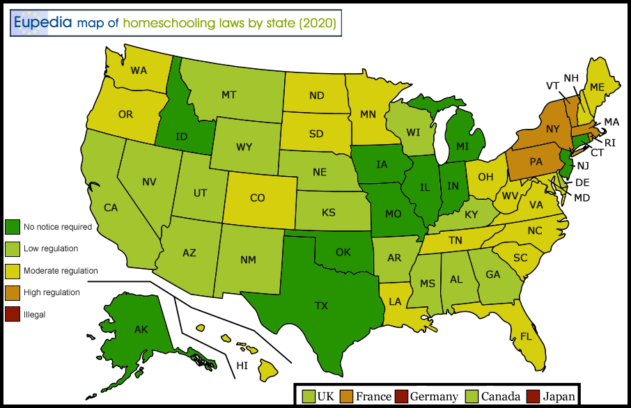 Map of homeschooling laws in the U.S. by state