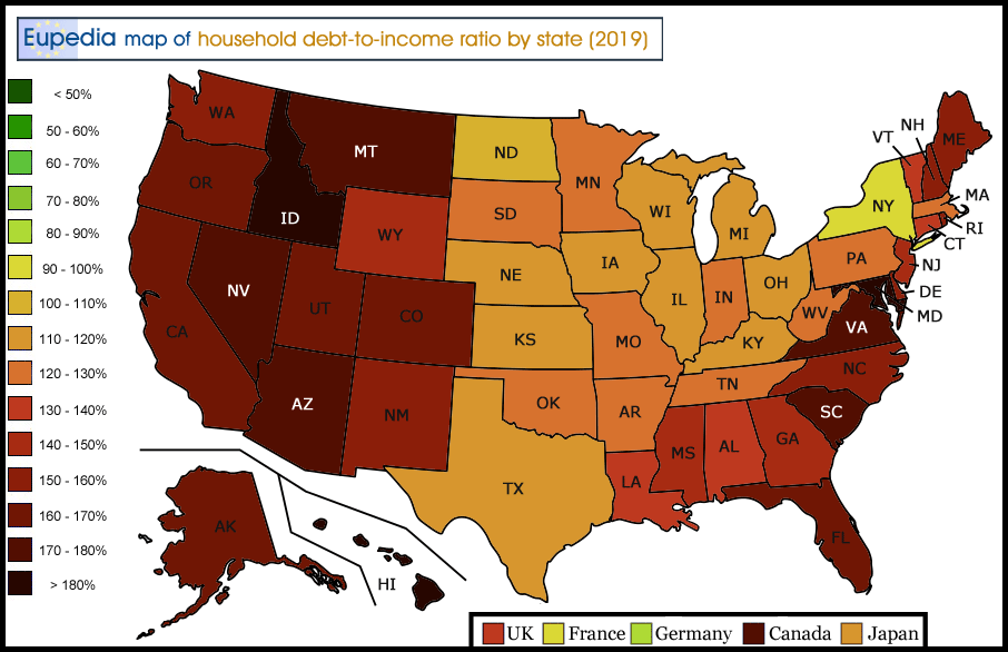 Map of household debt and loans as percentage of GDP in the USA by state