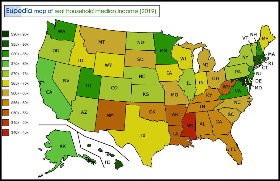 Map of real household median income in the USA by state