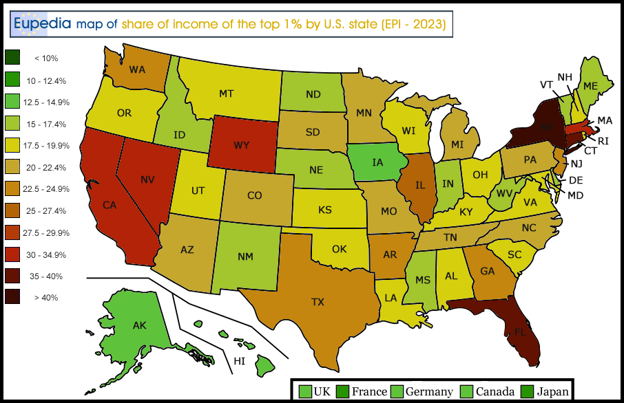 Map showing the percentage ofincome earned by the richest 1% in the USA by state