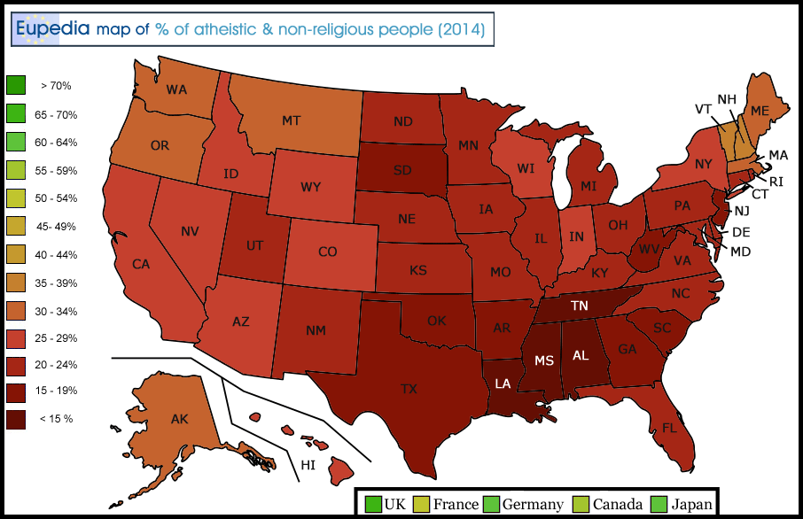 Map of percent of Atheists, Agnostics and non-religious people in the USA by state