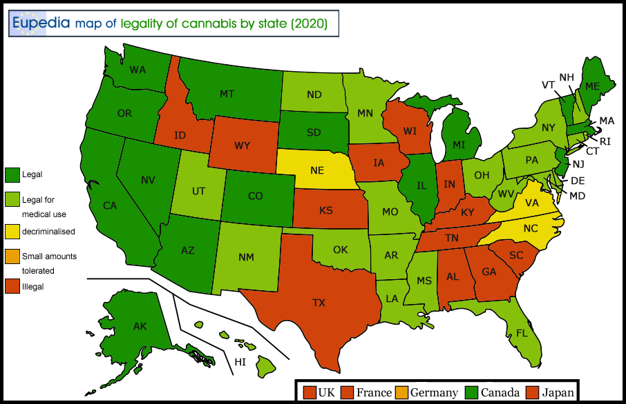 Map of cannabis laws by country in the U.S. by state