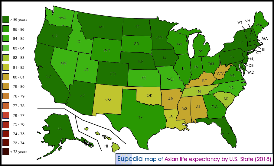 Map showing the life expectancy of Asian Americans by US States