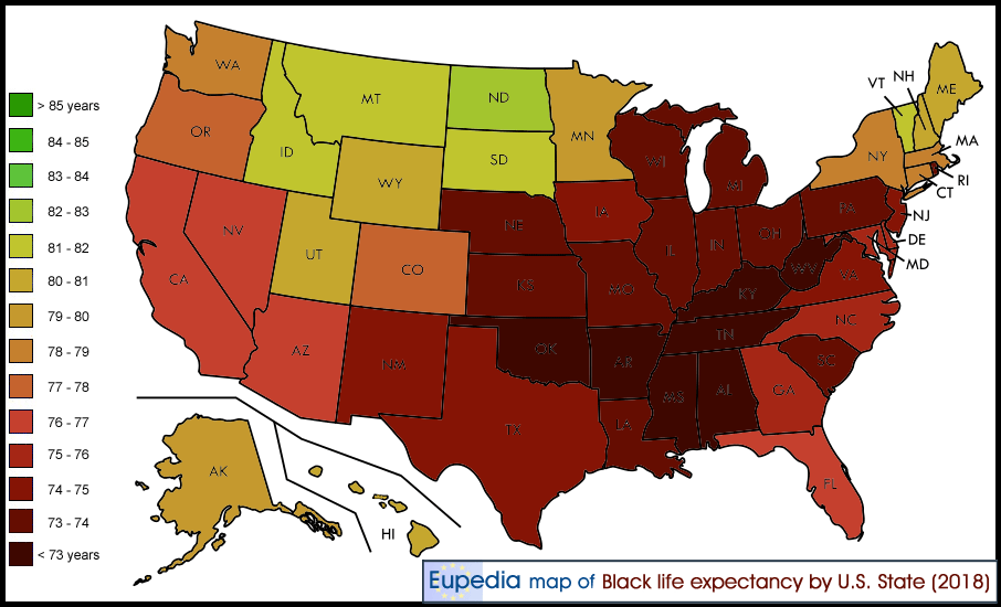 Map showing the life expectancy of African Americans by US States