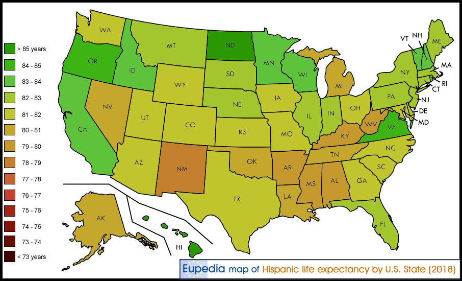 Map showing the life expectancy of Hispanic Americans by US States