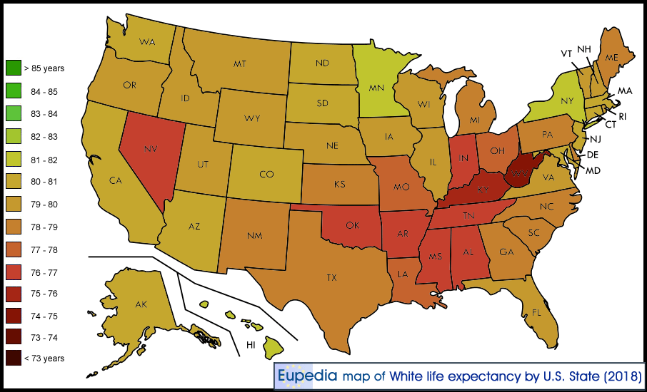 Map showing the life expectancy of White Americans by US States