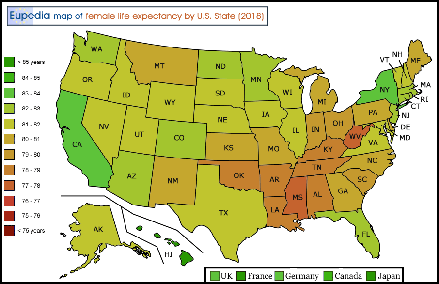 Map of female life expectancy by US States