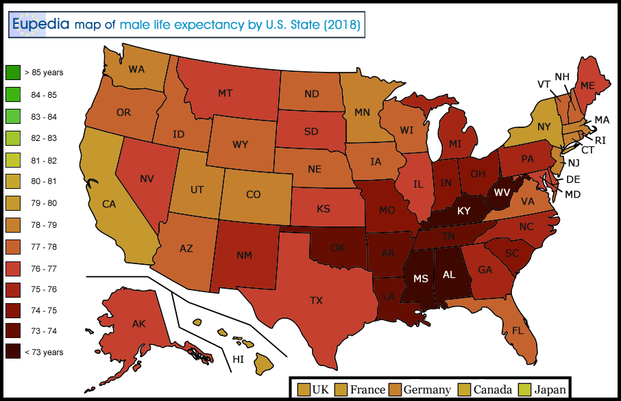 Map of male life expectancy by US States