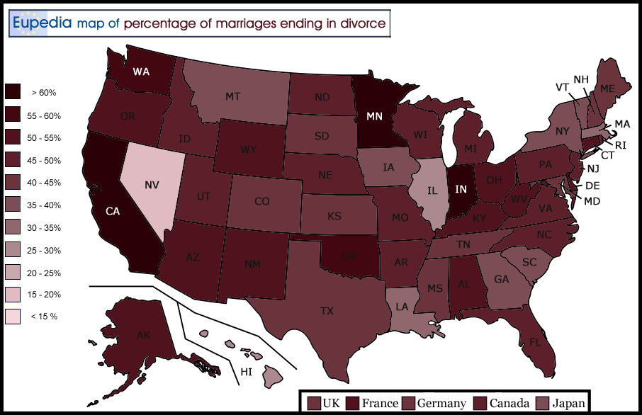 Map of percentage of marriages ending in divorce in the USA by state