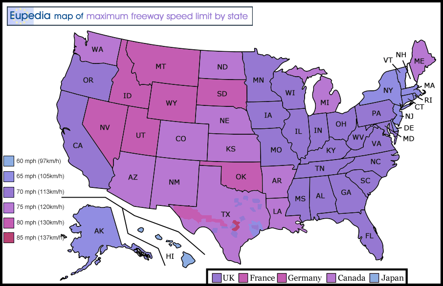 Map of maximum posted expressway speed limit in the U.S. by state
