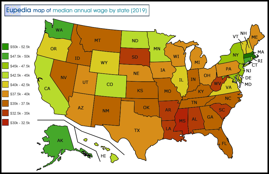 Map of annual median wage in the USA by state