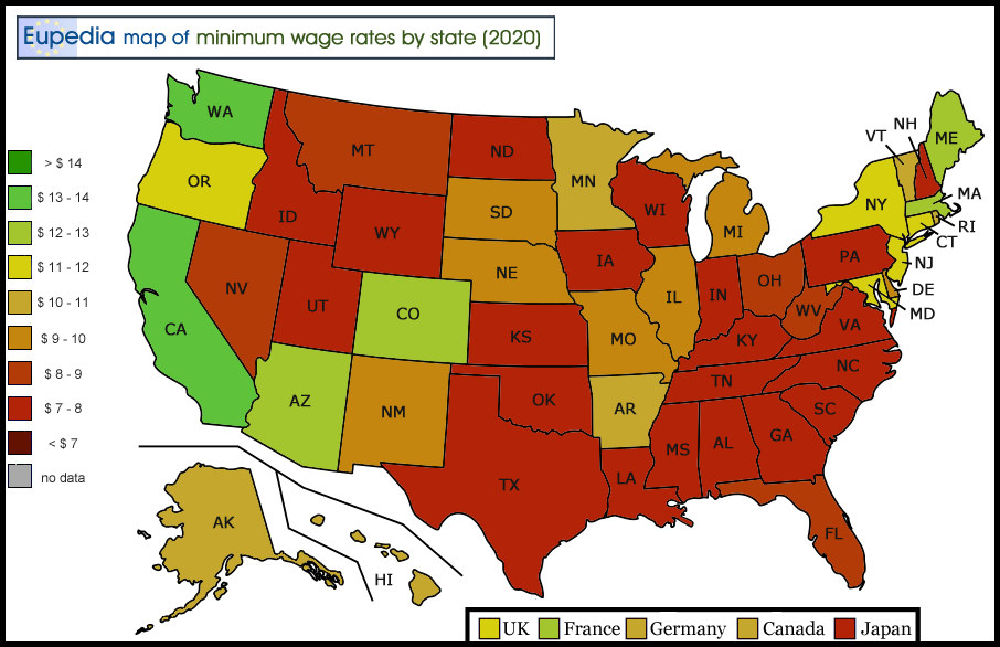 Map of minimum wage rates in the U.S. by state