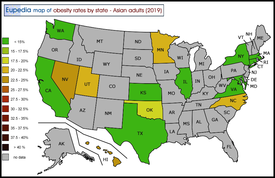Map of obesity rates of Asian & Pacific Islander adults by US States