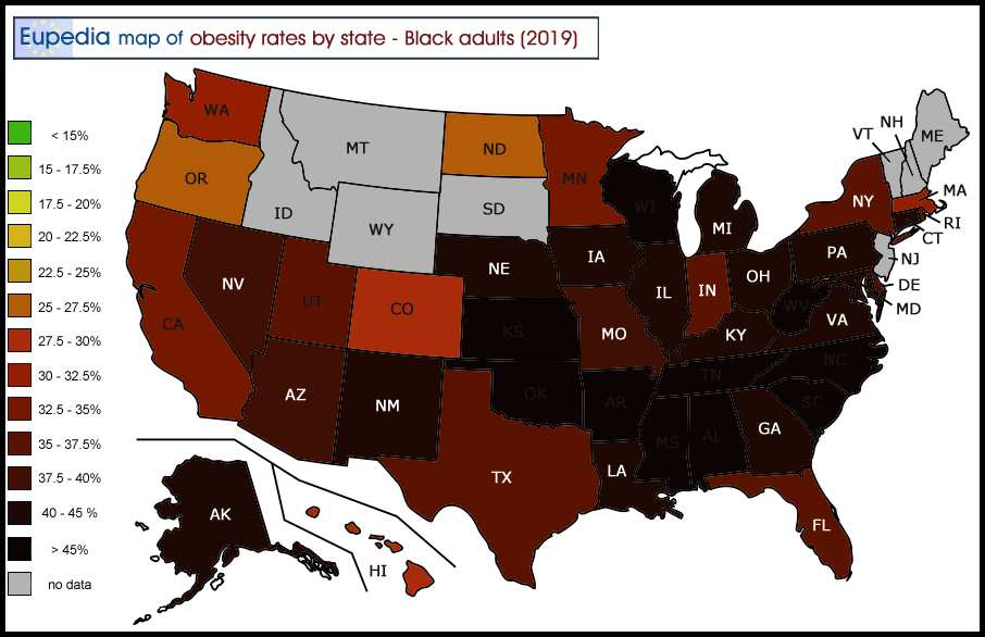 Map of obesity rates of Black adults by US States