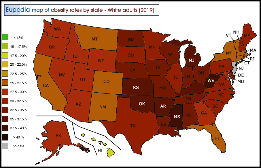 Map of obesity rates of White adults by US States