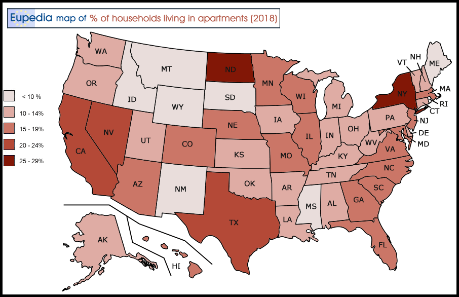 Map showing the percentage of households living in apartments in the USA by state