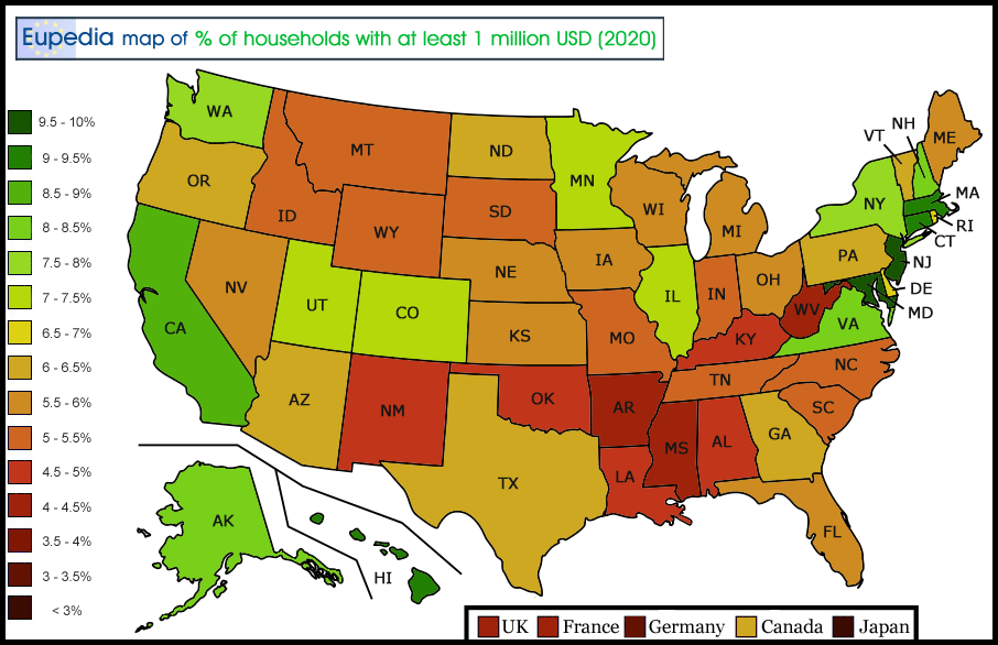 Map of percentage of millionaires in the USA by state
