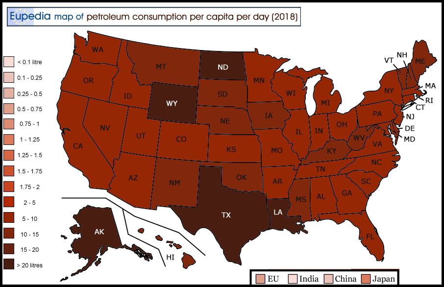 Map of petroleum consumption per capita in litres in the U.S. by state