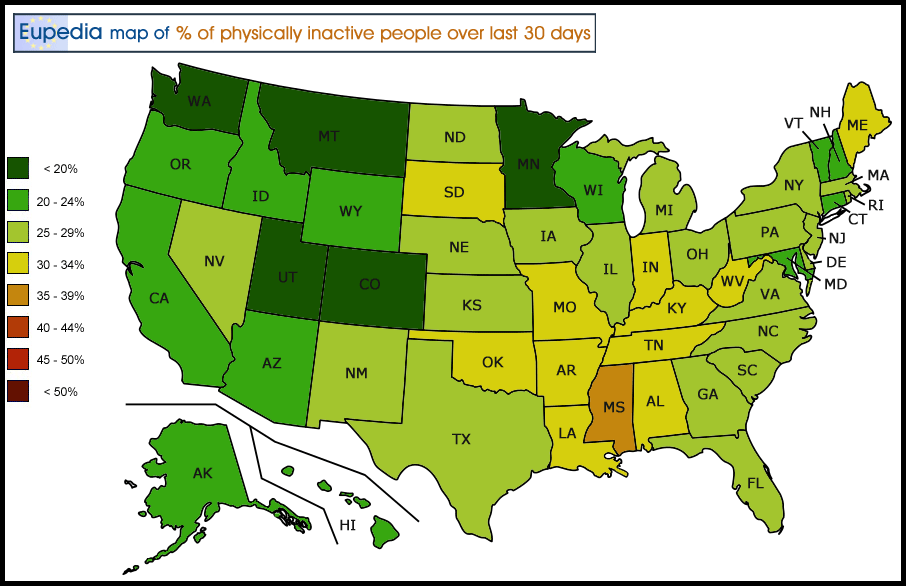Map showing the percentage of adults who reported doing no physical activity or exercise other than their regular job in the past 30 days