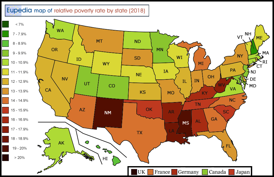 Map of relative poverty rates in the USA by state