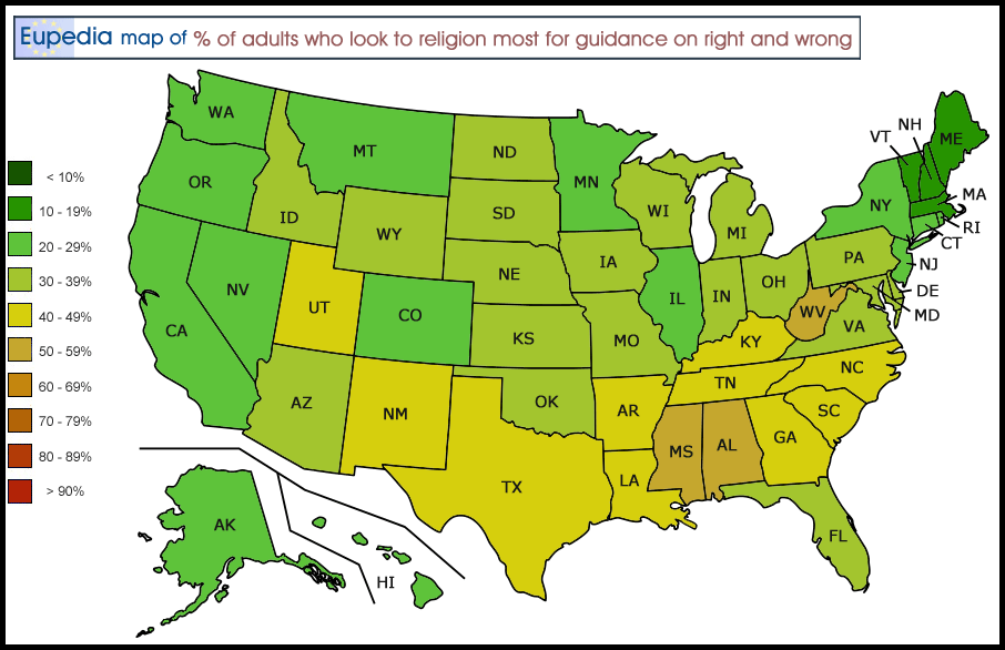 Map showing the percentage of people who believe that the scriptures are the word of God and should be taken literally in the USA by state