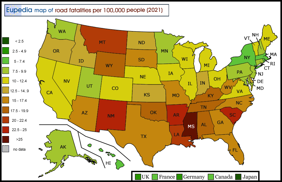 Map of road fatalities per 100,000 motor vehicles in the U.S. by state