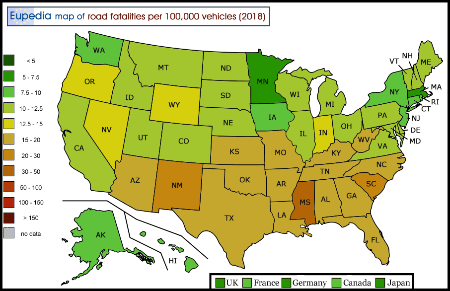 Map of road fatalities per 100,000 motor vehicles in the U.S. by state