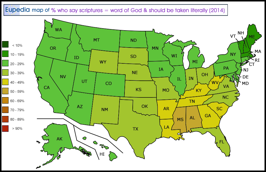 Map showing the percentage of adults who believe that the scriptures are the word of God and should be taken literally in the USA by state