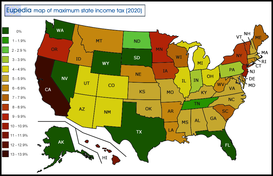 Map of maximum state income tax rates in the U.S. by state