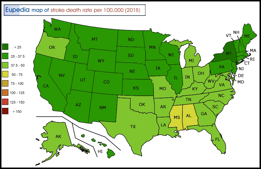 Map of stroke death rate per 100,000 people by US States