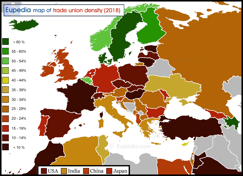 Map of trade union density by country in and around Europe