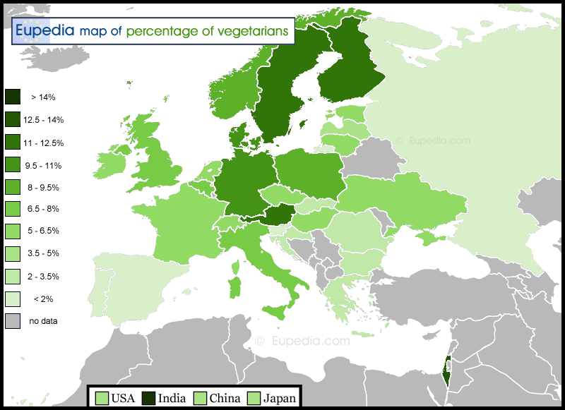 Map of percentage of vegetarians in Europe