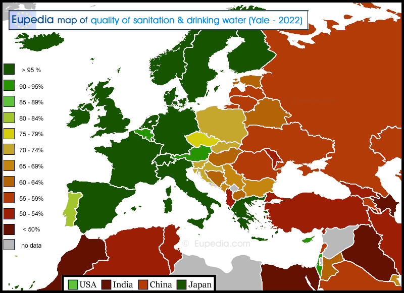 Map of the quality of sanitation and drinking water in and around Europe