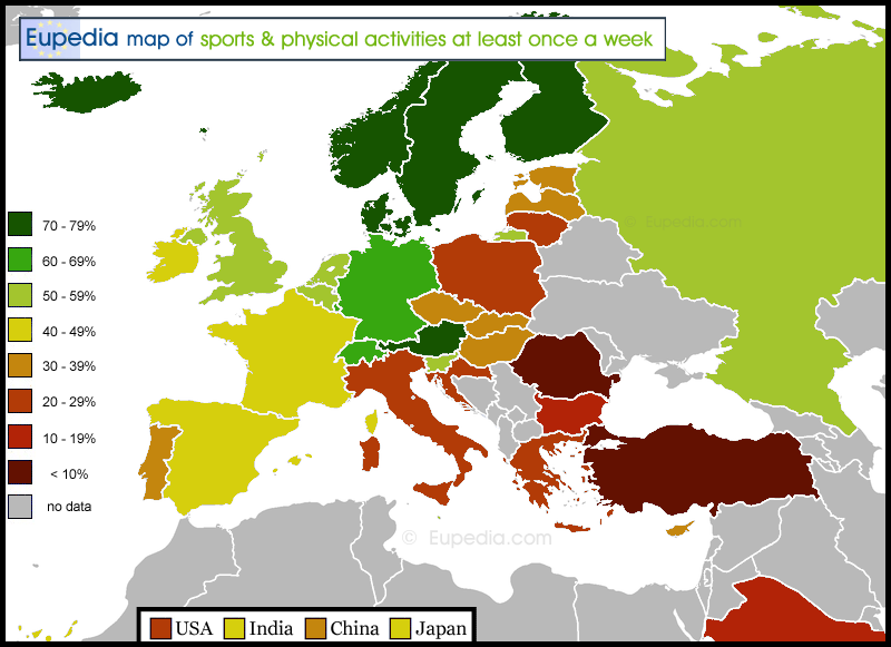 Map showing the percentage of people over age 15 practising sports at least once a week in and around Europe