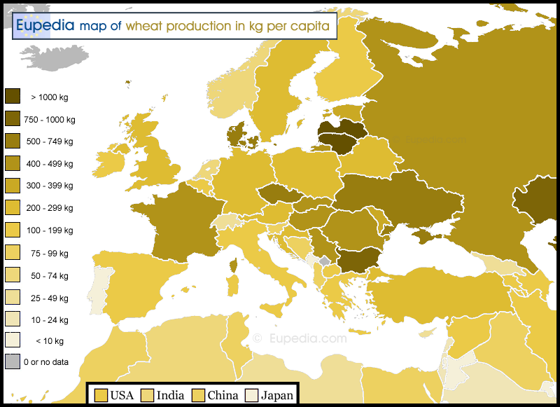 Map of wheat production in kg per capita in and around Europe