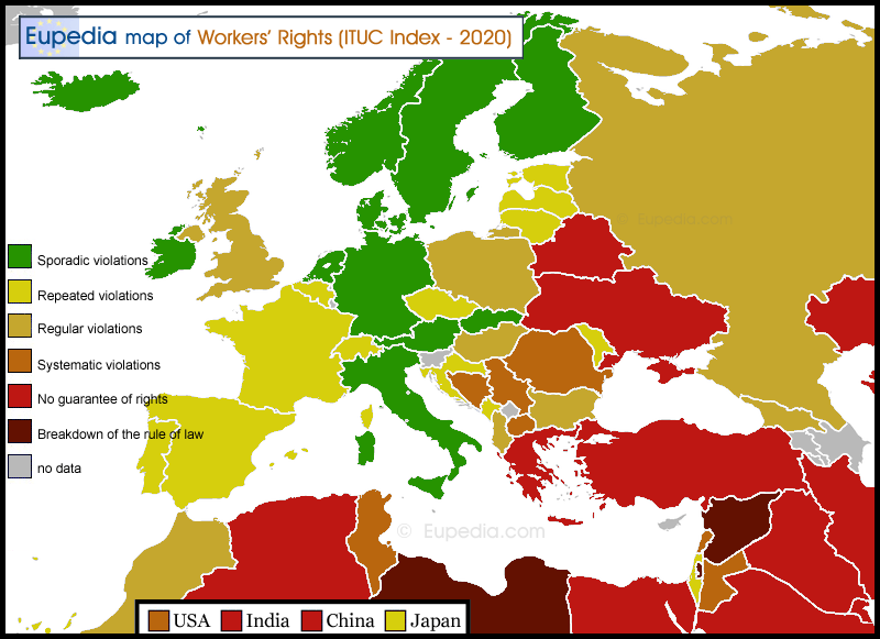 Map of Workers's Rights by country in and around Europe