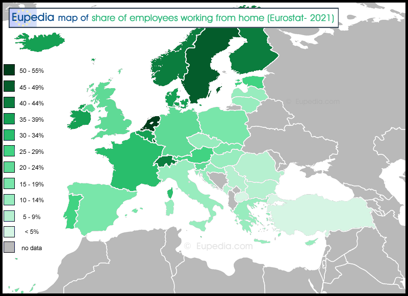 Map of percentage of people working from home in Europe
