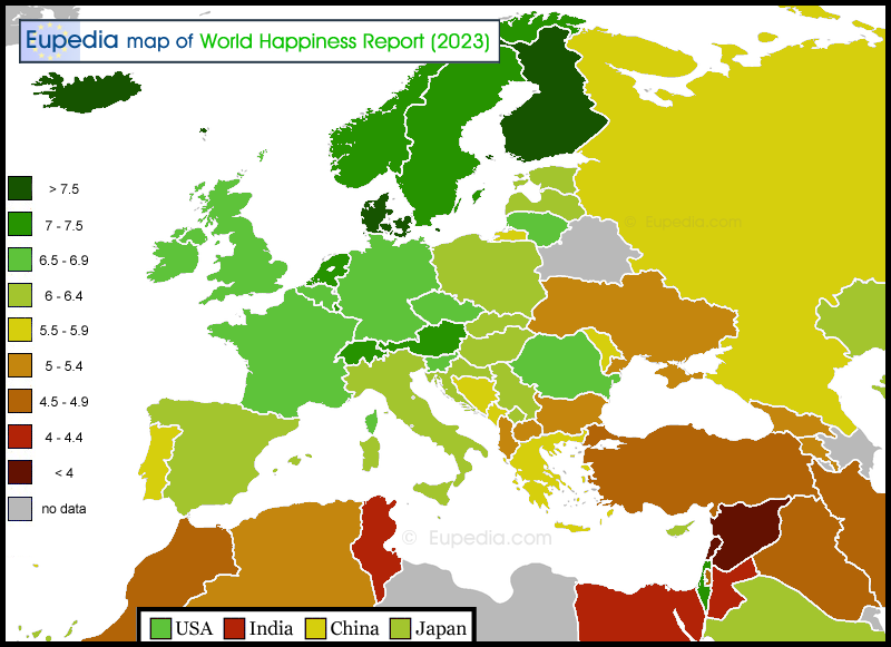 Map of World Happiness Report (2023) by country in and around Europe