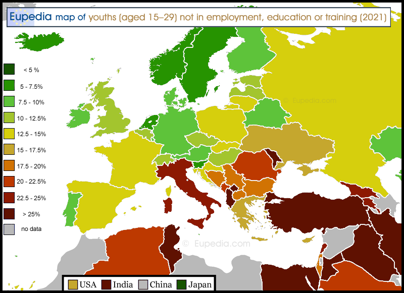Map showing the percentage of youth not in education, employment or training (NEETs) by country in and around Europe