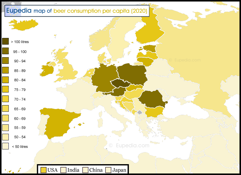 Map of beer consumption per capita per year in and around Europe